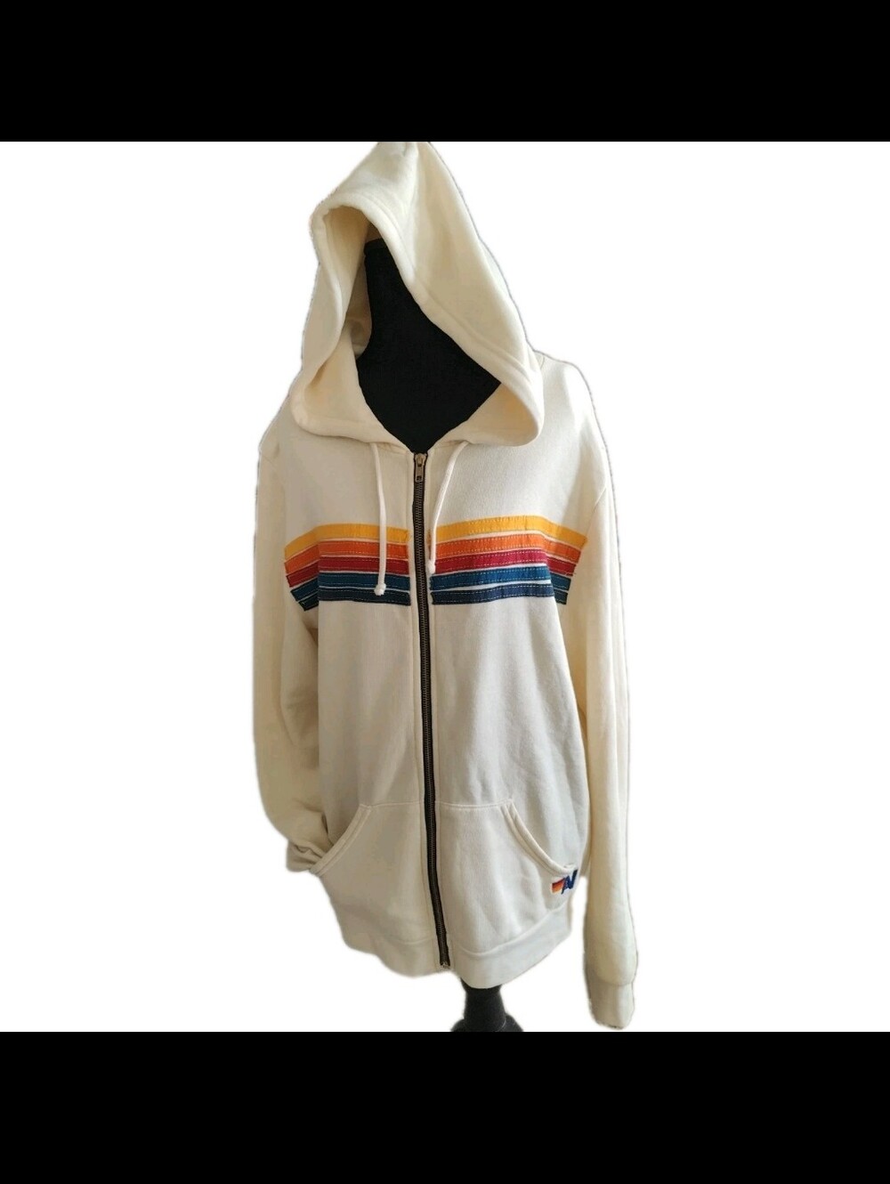 Aviator Nation Zip-Up Hoodie Unisex Size L Cream Five Stripe Rainbow